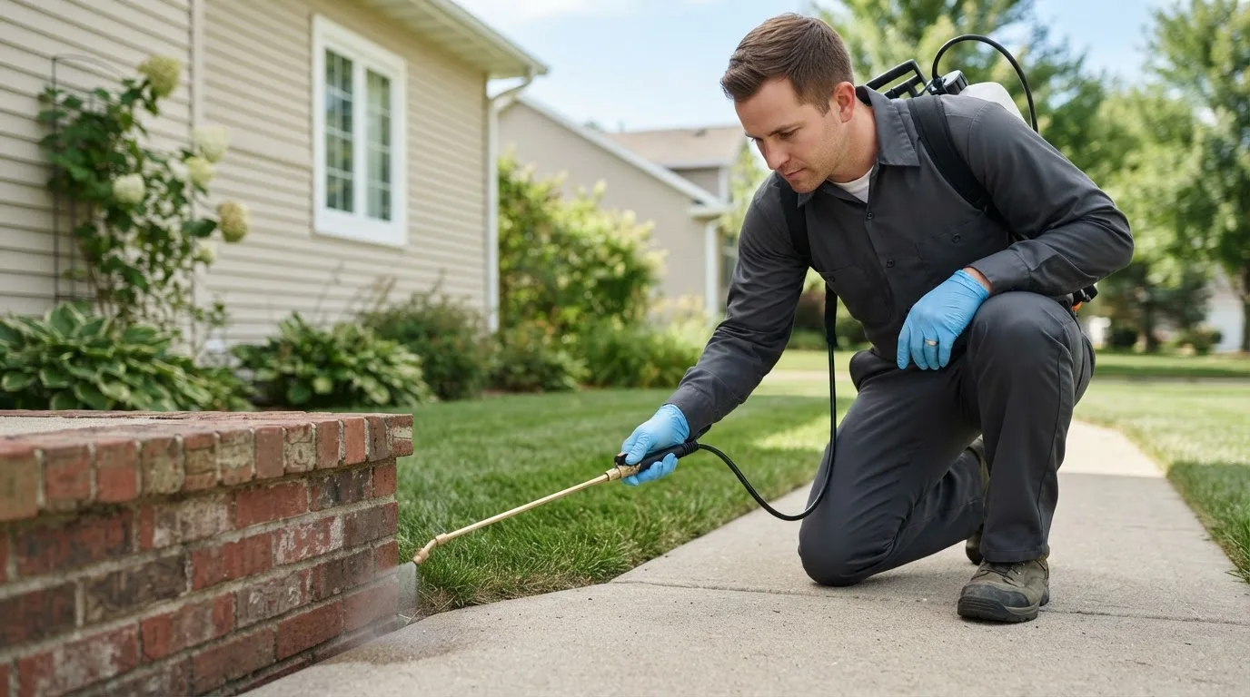 Pest control technician treating a home near Bandera, TX